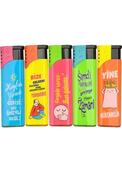 Renkli ve Baskılı Beşli Çakmak Seti – Karışık Tasarımlı