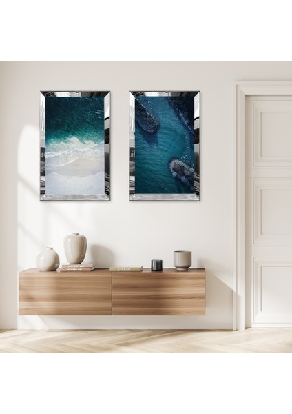 Gümüş Aynalı Pleksi Çerçeveli Modern Deniz Maznzarası Ikili Mdf Tablo Seti