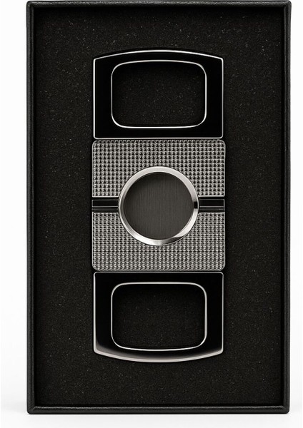 Premium Çelik Puro Kesici – Siyah & Gri Desenli Çift Bıçaklı