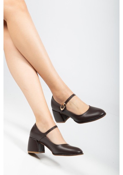 Kahverengi Kadın Kalın Topuklu Ayakkabı Baretli Vardola Kalın Tokalı fiyatları