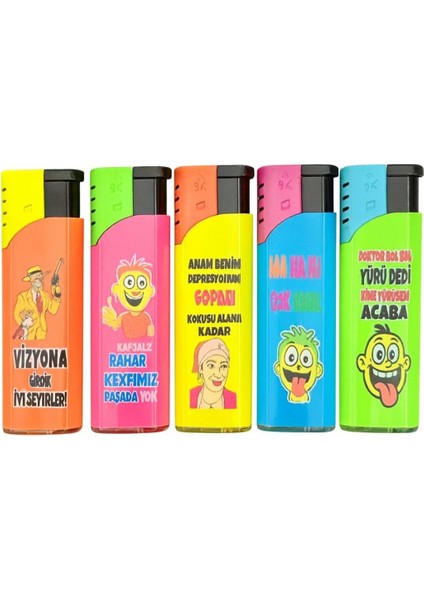 Renkli ve Baskılı Beşli Çakmak Seti – Karışık Tasarımlı