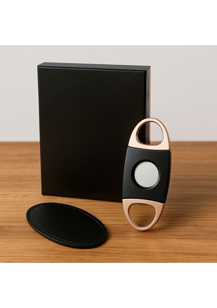 Rose Gold Siyah Çift Bıçaklı Puro Kesici – Şık Deri Kılıflı