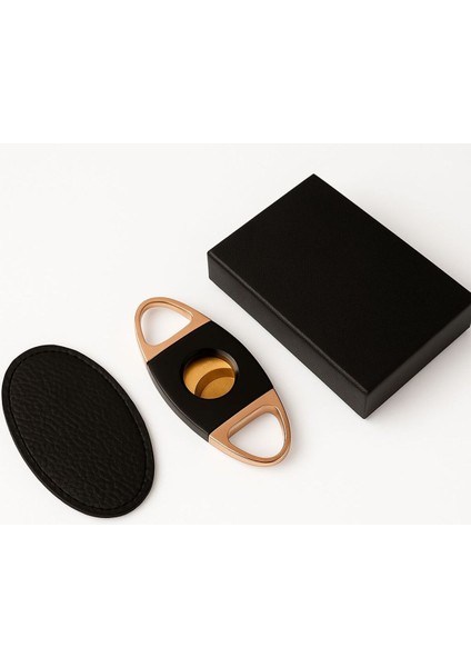 Rose Gold Siyah Çift Bıçaklı Puro Kesici – Şık Deri Kılıflı modelleri