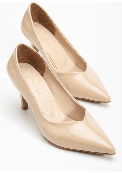 Büyük Beden Kadın Stiletto Ince Topuklu Ayakkabı Ten Rugan V Yüzlü