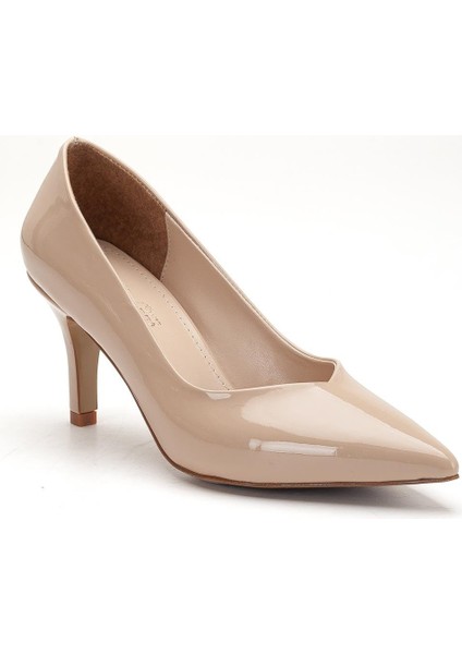 Büyük Beden Kadın Stiletto Ince Topuklu Ayakkabı Ten Rugan V Yüzlü fırsatları