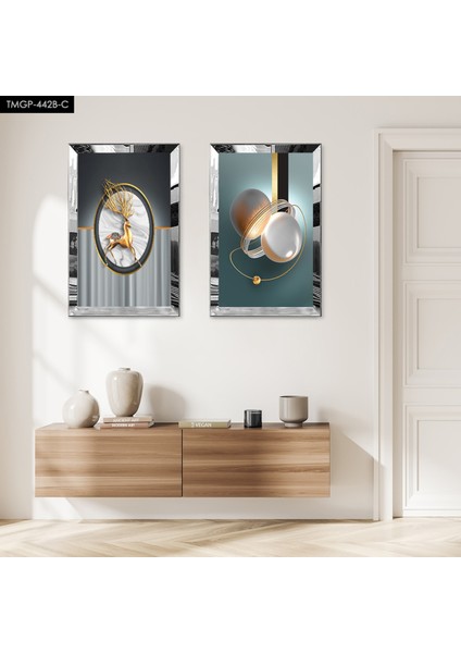 Gümüş Aynalı Pleksi Çerçeveli Renkli Arka Planlı Modern Geğik Ikili Mdf Tablo Seti