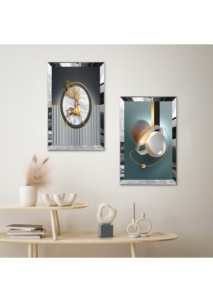 Gümüş Aynalı Pleksi Çerçeveli Renkli Arka Planlı Modern Geğik Ikili Mdf Tablo Seti fiyatları