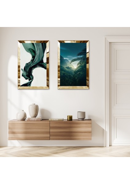 Gold Aynalı Pleksi Çerçeveli Bayaz Arka Planlı Yeşil Çiçekler Ikili Mdf Tablo Seti