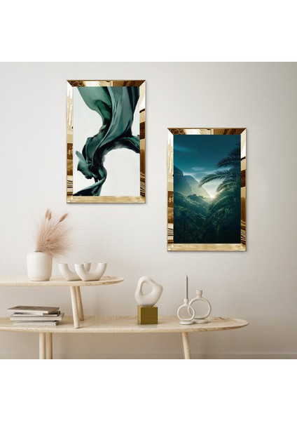 Gold Aynalı Pleksi Çerçeveli Bayaz Arka Planlı Yeşil Çiçekler Ikili Mdf Tablo Seti fiyatları