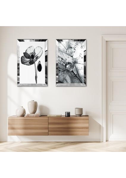 Gümüş Aynalı Pleksi Çerçeveli Beyaz Arka Planlı Gri Su Damlaları ve Çiçekler Ikili Mdf Tablo Seti