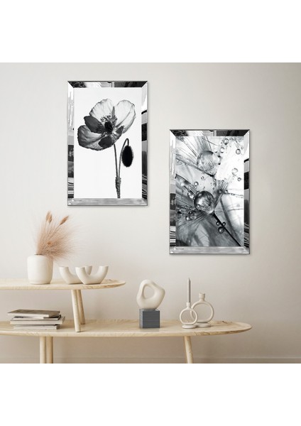Gümüş Aynalı Pleksi Çerçeveli Beyaz Arka Planlı Gri Su Damlaları ve Çiçekler Ikili Mdf Tablo Seti fiyatları
