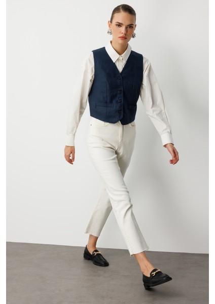 Lacivert Saf Keten Yelek