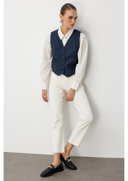 Lacivert Saf Keten Yelek modelleri