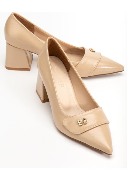 Nude Büyük Beden Kadın Topuklu Ayakkabı Rugan Kalın Topuklu Sivri Burun