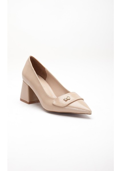 Nude Büyük Beden Kadın Topuklu Ayakkabı Rugan Kalın Topuklu Sivri Burun fırsatları