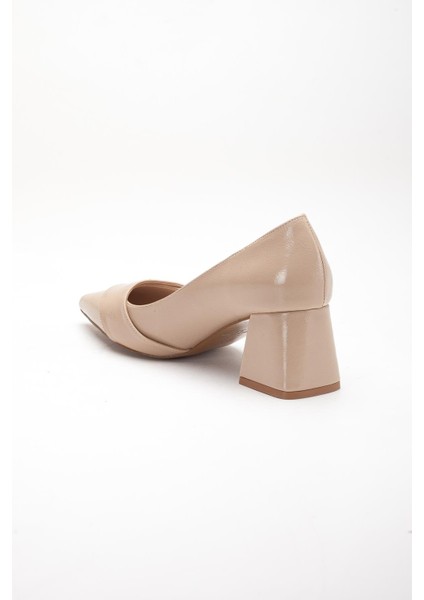 Nude Büyük Beden Kadın Topuklu Ayakkabı Rugan Kalın Topuklu Sivri Burun indirimleri