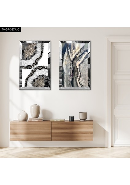 Gümüş Aynalı Pleksi Çerçeveli Beyaz Arka Planlı Gri Tonları Desenli Dekoratif Ikili Mdf Tablo Seti