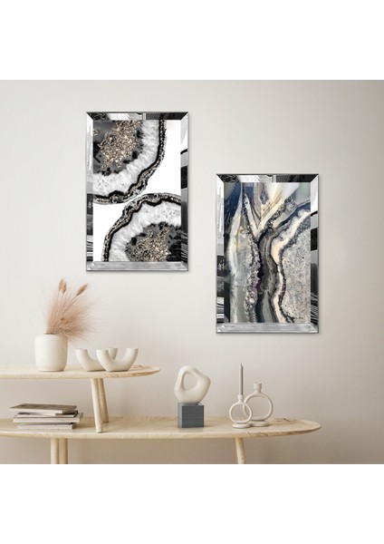 Gümüş Aynalı Pleksi Çerçeveli Beyaz Arka Planlı Gri Tonları Desenli Dekoratif Ikili Mdf Tablo Seti fiyatları