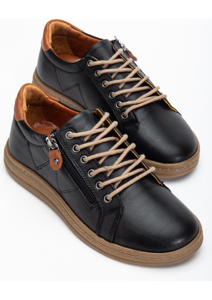Siyah Hakiki Deri Ortopedik Kadın Günlük Ayakkabı Fermuarlı Bağcıklı
