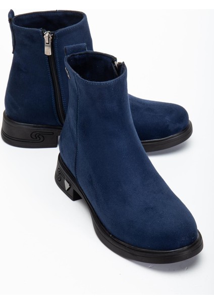 Kadın Bot Lacivert Süet Suni Deri Kauçuk Taban Yüzüdüz