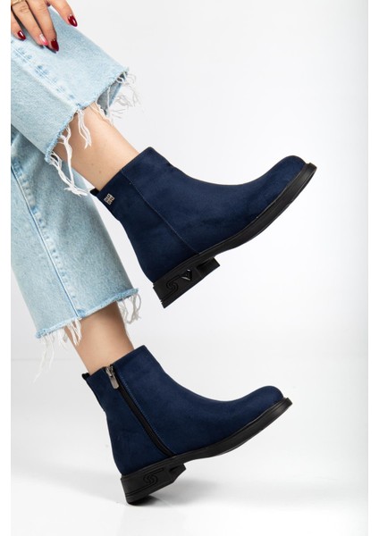 Kadın Bot Lacivert Süet Suni Deri Kauçuk Taban Yüzüdüz fiyatları