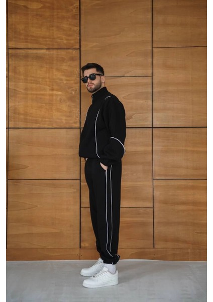 Erkek Premium Parçalı Eşofman Takım - Dik Yaka Fermuarlı Biyeli Sweatshirt Lastik Paça Alt, Oversize 3 Iplik Şardonlu - Siyah -Vlmr modelleri