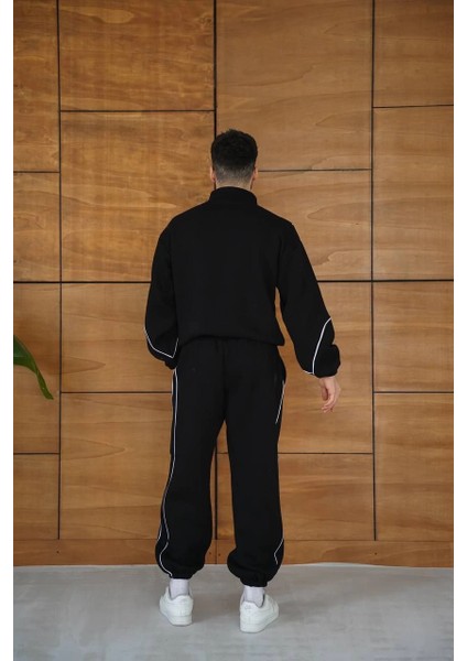 Erkek Premium Parçalı Eşofman Takım - Dik Yaka Fermuarlı Biyeli Sweatshirt Lastik Paça Alt, Oversize 3 Iplik Şardonlu - Siyah -Vlmr fırsatları
