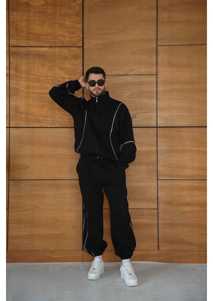 Erkek Premium Parçalı Eşofman Takım - Dik Yaka Fermuarlı Biyeli Sweatshirt Lastik Paça Alt, Oversize 3 Iplik Şardonlu - Siyah -Vlmr indirimleri