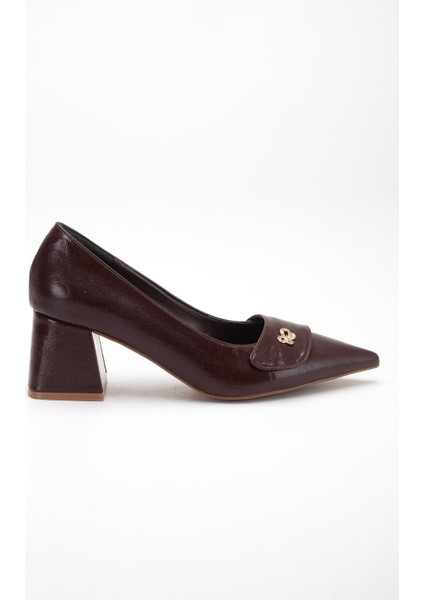 Kahverengi Büyük Beden Kadın Topuklu Ayakkabı Rugan Kalın Topuklu Sivri Burun modelleri