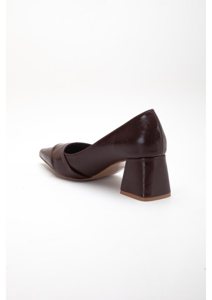 Kahverengi Büyük Beden Kadın Topuklu Ayakkabı Rugan Kalın Topuklu Sivri Burun indirimleri