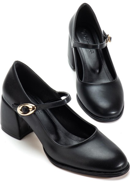 Siyah Kadın Kalın Topuklu Ayakkabı Baretli Vardola Kalın Tokalı