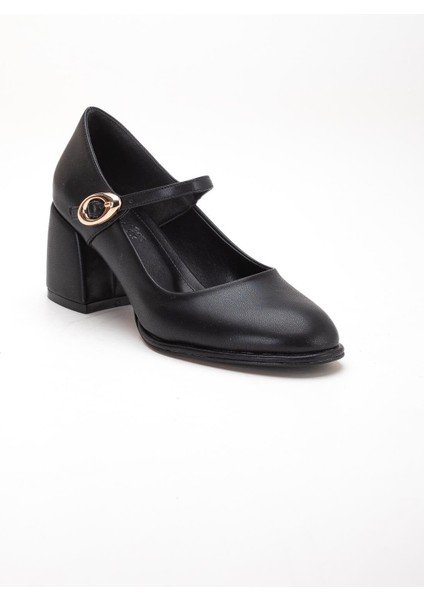 Siyah Kadın Kalın Topuklu Ayakkabı Baretli Vardola Kalın Tokalı fırsatları