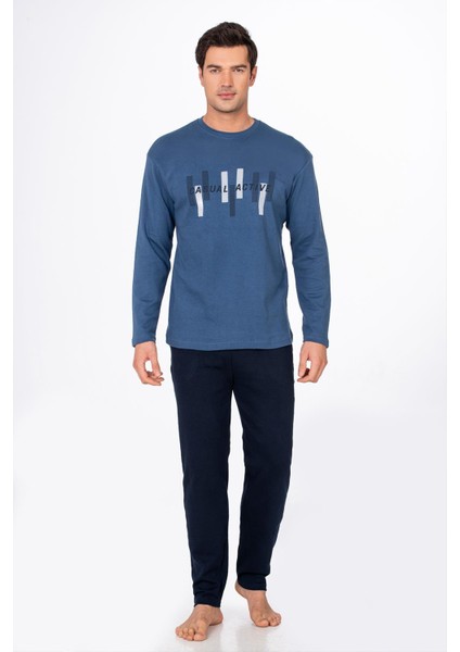 Erkek Casual Active Baskılı Pamuklu Pijama Takımı | Lacivert