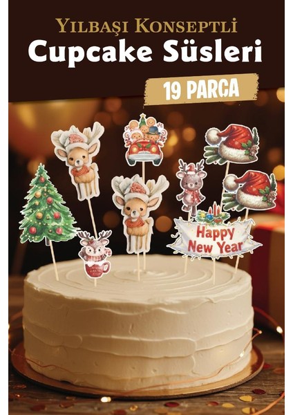 Yılbaşı Yeni Yıl Kış Temalı Cupcake Süsü Kürdan Süsleri Lüks Büyük Boy 19 Lu Paket PASTA-T1519