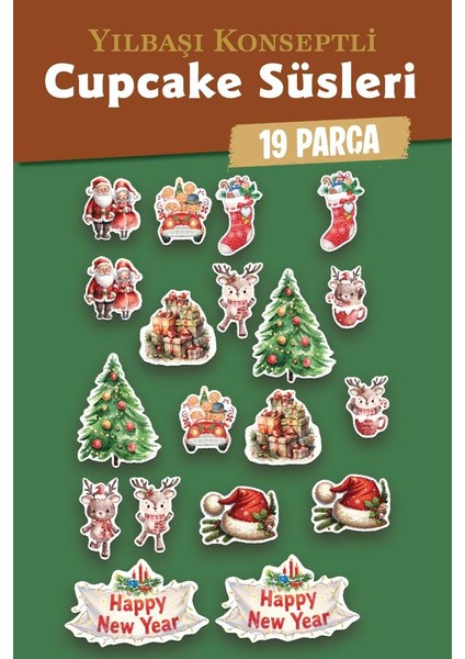 Yılbaşı Yeni Yıl Kış Temalı Cupcake Süsü Kürdan Süsleri Lüks Büyük Boy 19 Lu Paket PASTA-T1519 modelleri