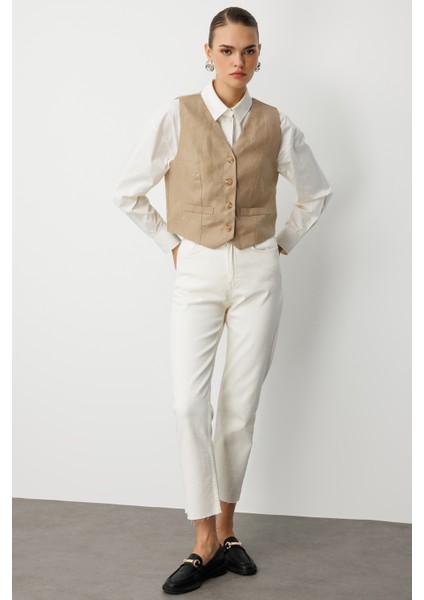 Bej Rengi Saf Keten Yelek