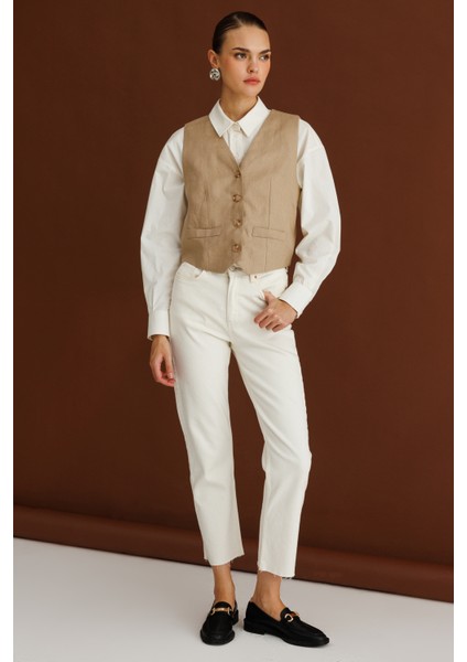 Bej Rengi Saf Keten Yelek modelleri