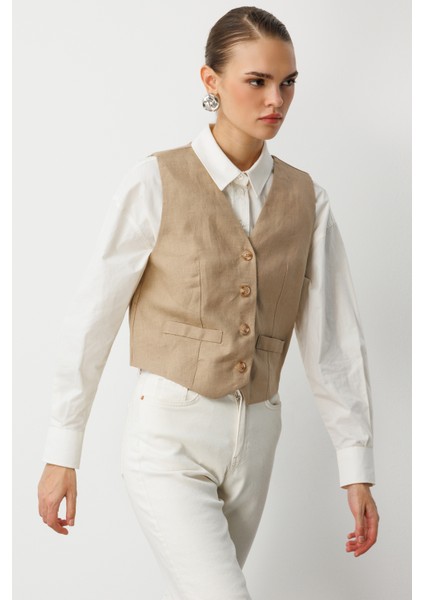 Bej Rengi Saf Keten Yelek fırsatları