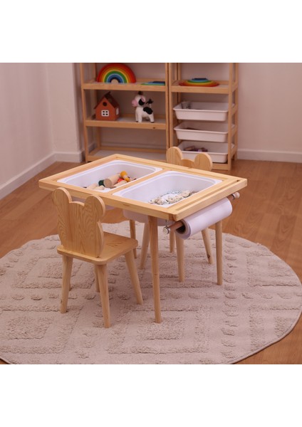 Montessori Ahşap Çam Aktivite Masası 2 Sepet Beyaz/kara Tahtalı Rulo Kişiselleştirilebilir 2-6 Yaş +2 Sandalye