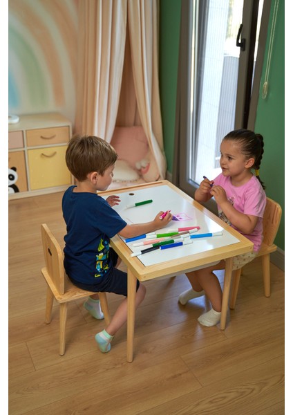 Montessori Ahşap Çam Aktivite Masası 2 Sepet Beyaz/kara Tahtalı Rulo Kişiselleştirilebilir 2-6 Yaş +2 Sandalye fiyatları