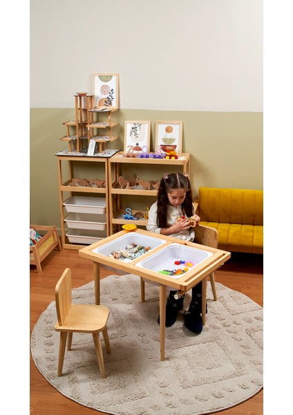 Montessori Ahşap Çam Aktivite Masası 2 Sepet Beyaz/kara Tahtalı Rulo Kişiselleştirilebilir 2-6 Yaş +2 Sandalye