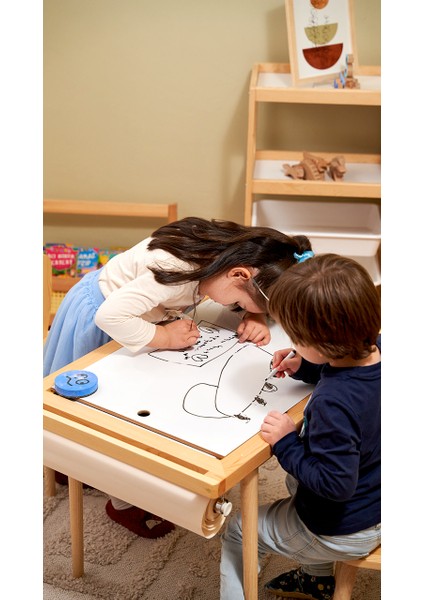 Montessori Ahşap Çam Aktivite Masası 2 Sepet Beyaz/kara Tahtalı Rulo Kişiselleştirilebilir 2-6 Yaş +2 Sandalye