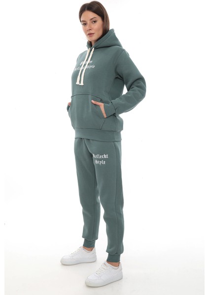 Petrol Şık Polarlı Kadın Eşofman Takımı Paça Lastikli Cepli Kapüşonlu Nakış Detaylı Compact Takım