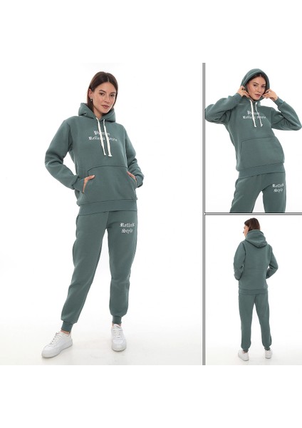 Petrol Şık Polarlı Kadın Eşofman Takımı Paça Lastikli Cepli Kapüşonlu Nakış Detaylı Compact Takım indirimleri