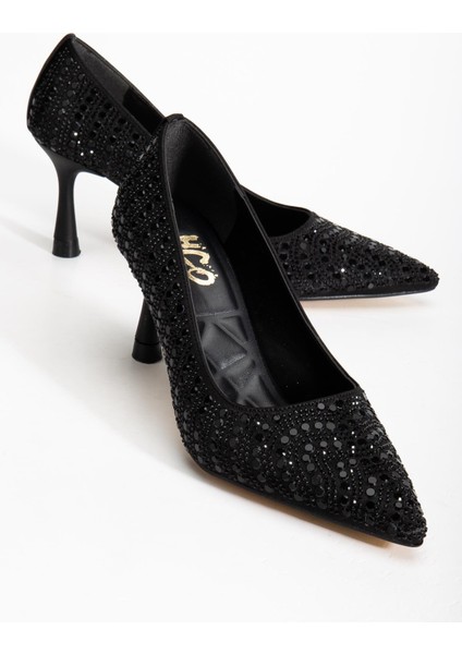 Siyah Kadın Kadın Abiye Stiletto Topuklu Ayakkabı Taşlı Ince Topuklu