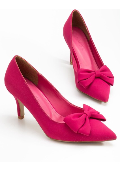 Büyük Beden Kadın Stiletto Ince Topuklu Ayakkabı Fuşya Saten Fiyonklu