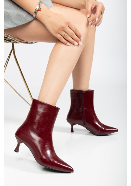 Bordo Kadın Ince Topuklu Bot Kırışık Rugan Sivri Burun fiyatları