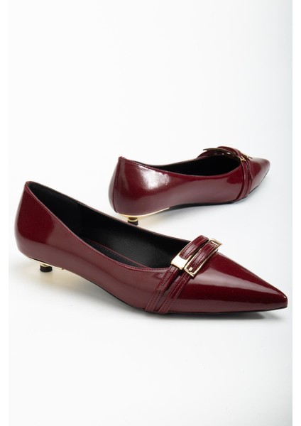 Kadın Kısa Topuklu Ayakkabı Bordo Rugan Minik Ökçeli Bantlı