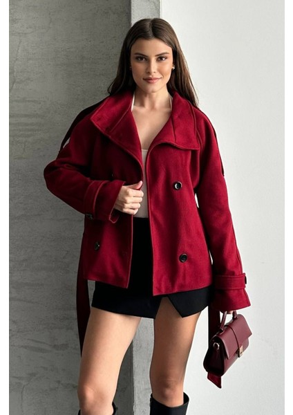 Düğmeli Kuşaklı Kaşe Kısa Kaban indirimleri