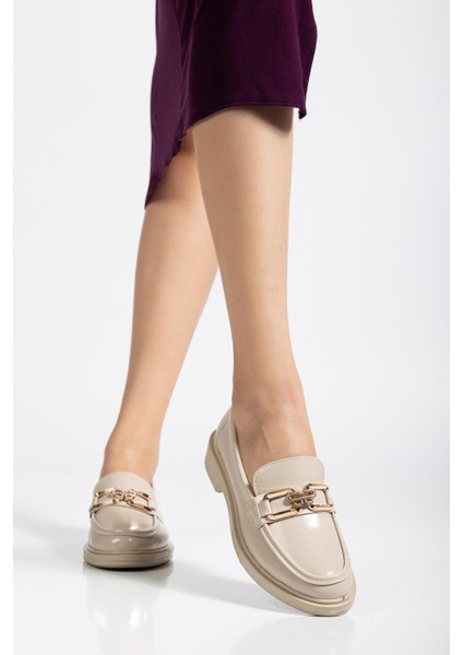 Bej Kadın Loafer Günlük Ayakkabı Kırışık Rugan Tokalı fiyatları